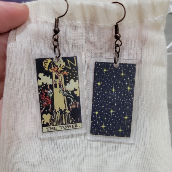 [SOLD] Tarot Card "The Tower" Copper Ox Resin Earrings - Picture 2 of 4